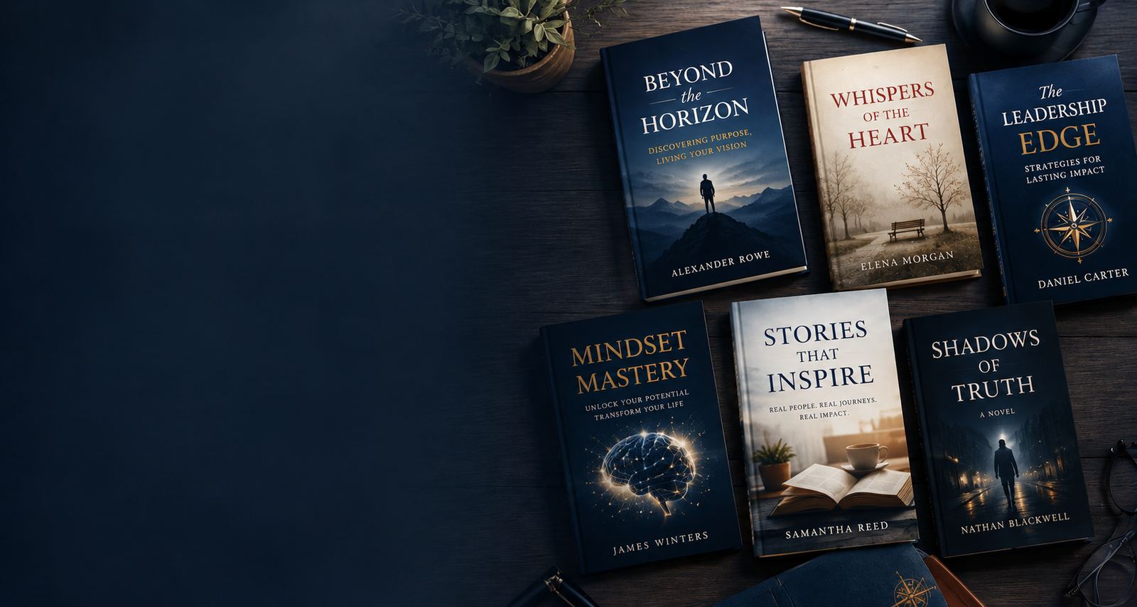 Premium hardcover books on a dark wooden desk — published by Texan Publishers